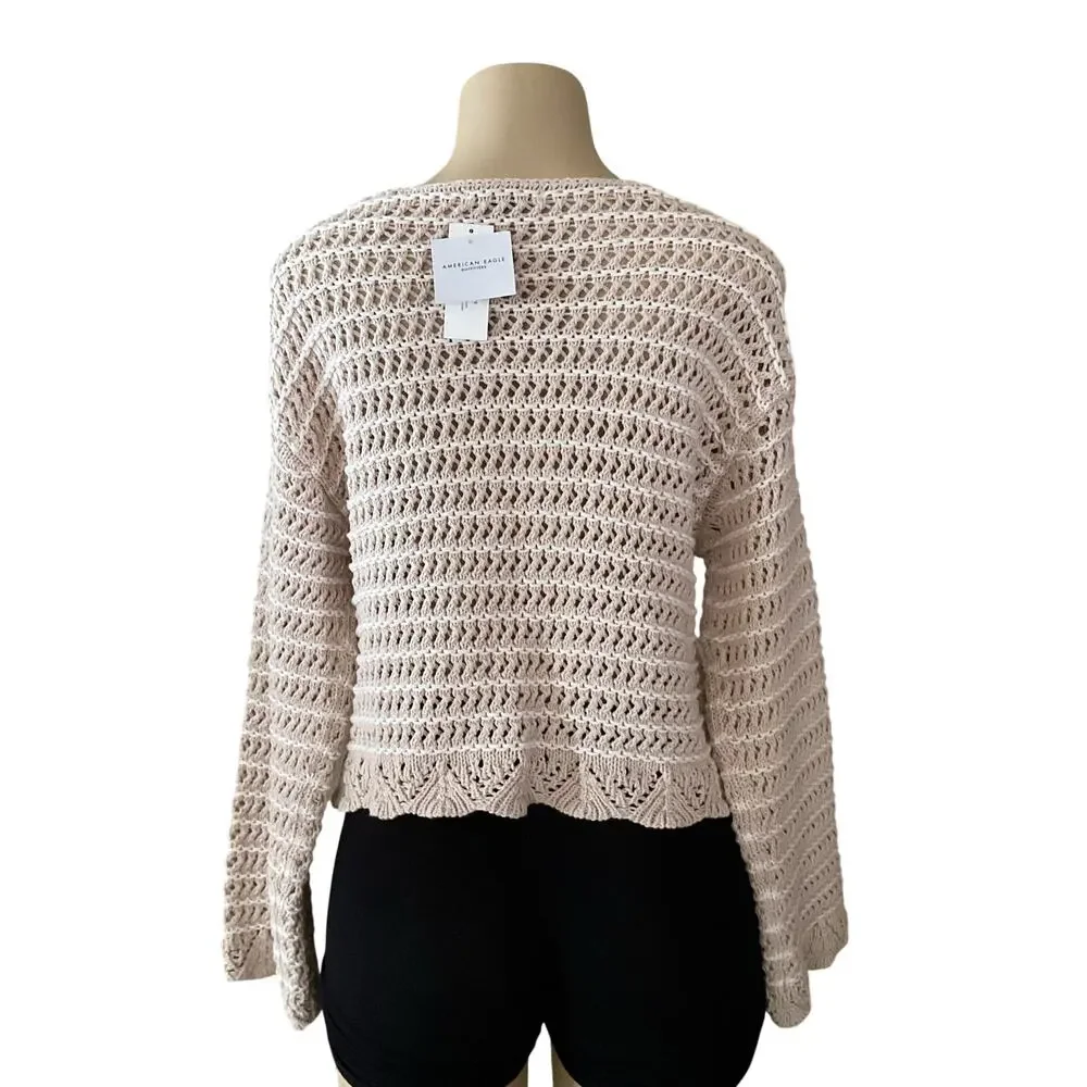 American Eagle Crochet Knit Sweater Women’s S Beige Open Knit Long Sleeve NWT